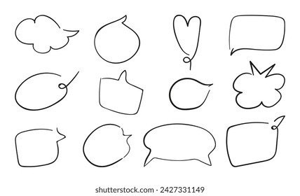 Vector bubble for dialogue, correspondence, chat, communication, comment. Collection of cute bright message box with shadow. Stylish cartoon dialogue blank isolated on white, hand-drawn, free hand.