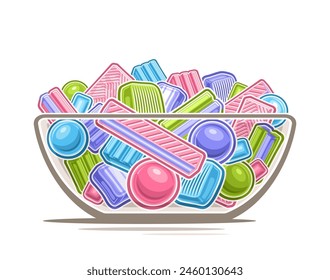 Vector Bubble Gum Bowl, póster Horizontal decorativo con ilustración de contorno aislado de composición de chicle surtido lindo, grupo de muchas diferentes chicles de burbuja y caramelos vivos de mentol en plato de vidrio