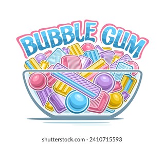 Vector Bubble Gum Bowl, afiche horizontal con diseño aislado de dibujos animados varias burbujas de la vida de la quietud, grupo muchos vibrantes soplones de la minoría, deliciosos dulces en tazón transparente y chicle divertido de burbuja de texto