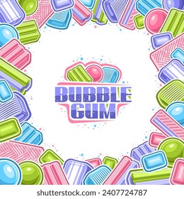 Vector Bubble Gum Frame, cartel cuadrado con diseño de dibujos animados varios composición de burbujas, grupo de muchos soplones vibrantes de la minoría, deliciosos caramelos y chicle de burbuja de texto púrpura sobre fondo blanco