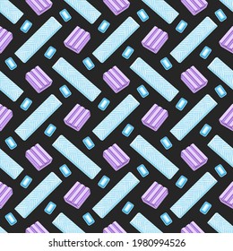 Vector Bubble Gum Seamless Pattern, square repeating bubblegum background for wrapping paper, poster with cut out illustrations of many bubble gums and group of variety candies on dark background.