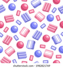 Patrón sin soldadura de vector Bubble Gum, fondo de burbujas cuadrado repitiendo para niños textiles, afiche con ilustraciones cortadas de muchas encías de burbujas laicas y diversos caramelos sobre fondo blanco.