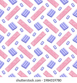 Vector Bubble Gum Seamless Pattern, square repeating bubblegum background for kids textile, poster with cut out illustrations of many bubble gums and group of different candies on white background.