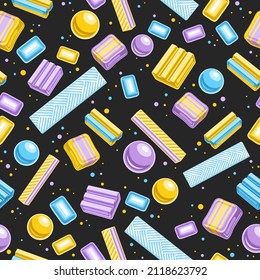Vector Bubble Gum Seamless Pattern, square repeating bubblegum background for kids textile, poster with cut out illustrations of group flat lay bubble gums and assorted candies on dark background