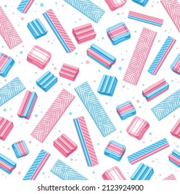 Vector Bubble Gum Seamless Pattern, square repeating bubblegum background for wrapping paper, poster with cut out illustrations of many flat lay bubble gums and different candies on white background	