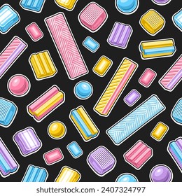 Vector Bubble Gum patrón sin fisuras, fondo de repetición decorativa con varios soplones de dibujos animados y caramelos de menta, afiche cuadrado con grupo de chicles de burbujas planas voladoras coloridas sobre fondo oscuro