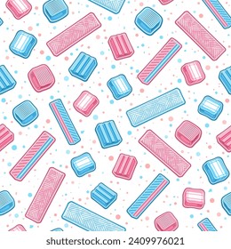 Vector Bubble Gum seamless pattern, decorative repeat background with outline illustration of assorted bubble gums and bright candies, square poster with group of flying candies on white background