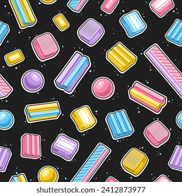 Vector Bubble Gum patrón sin fisuras, repetir el fondo con la ilustración esquemática de varios soplones y caramelos para envolver papel, afiche cuadrado con grupo de chicles voladores sobre fondo oscuro