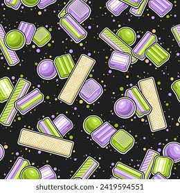 Vector Bubble Gum seamless pattern, repeat background with illustration of various bubble gums and soft candies for wrapping paper, square poster with group of many flat lay candies on dark background