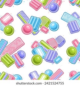 Vector Bubble Gum patrón sin fisuras, repetición del fondo con ilustración de contorno de muchos soplones y caramelos blandos, afiche cuadrado con grupo de chicles de burbujas planas volantes sobre fondo blanco