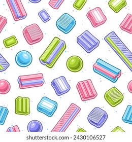 Vector Bubble Gum seamless pattern, repeat background with variety cartoon bubblegums and minty yummy candy for wrapping paper, square poster with group of flying cute bubble gums on white background