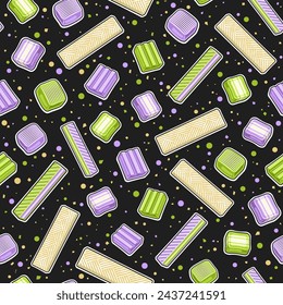 Vector Bubble Gum seamless pattern, decorative repeat background with cut out illustration of assorted bubble gums and candies for bed linen, square poster with many flying candies on dark background