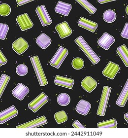 Vector Bubble Gum seamless pattern, fun repeat background with cut out outline illustration of variety bubble gums and cute candies, square poster with group of flying yummy candies on dark background