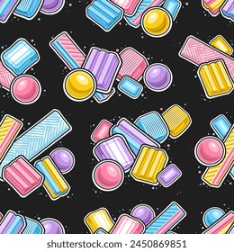 Vector Bubble Gum seamless pattern, repeat background with outline illustration of many various bubblegums and soft candies, square poster with group of flying flat lay bubble gums on dark background