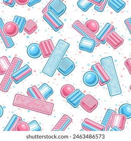 Vector Bubble Gum seamless pattern, fancy repeat background with illustration of different bubble gums and soft candies for bed linen, square poster with group of flat lay candies on white background