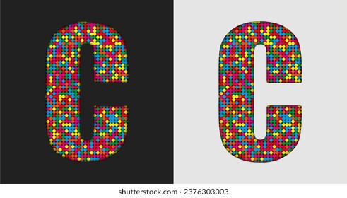 Vector bubble letter - C. Glitter character shape of colored dots, points, circles. Sequin type, alphabet, font. Creative disco club bright sparkle. Multi color glitters, sparkles, paillettes letters