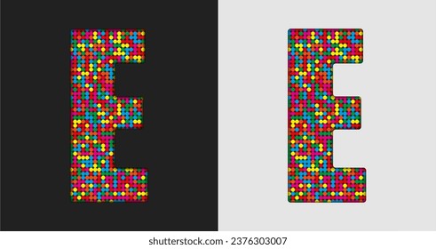 Vector bubble letter - E. Glitter character shape of colored dots, points, circles. Sequin type, alphabet, font. Creative disco club bright sparkle. Multi color glitters, sparkles, paillettes letters