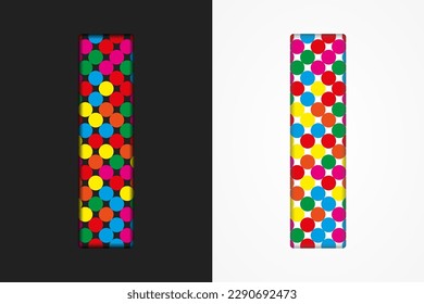 Letra de burbuja de vectores - I. Forma de carácter brillante de puntos, puntos, círculos de color. Tipo de secuencia, alfabeto, tipo de letra. Un club de discoteca creativo brillante. Luminadores multicolores, chispas, letras de hojas de papel