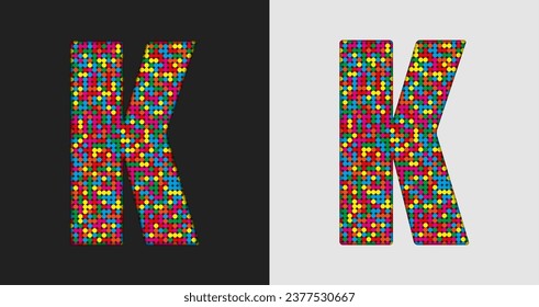 Vector bubble letter - K. Glitter character shape of colored dots, points, circles. Sequin type, alphabet, font. Creative disco club bright sparkle. Multi color glitters, sparkles, paillettes letters