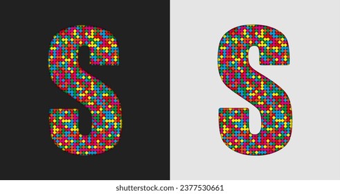 Vector bubble letter - S. Glitter character shape of colored dots, points, circles. Sequin type, alphabet, font. Creative disco club bright sparkle. Multi color glitters, sparkles, paillettes letters