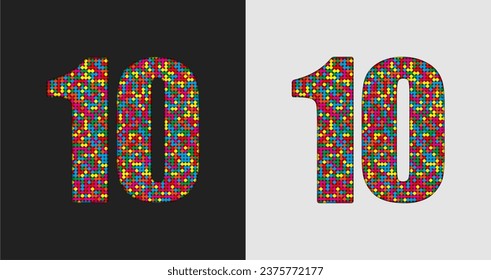 Vector bubble number - 10. Glitter figure shape of colored dots, points, circles. Sequin digit, numeral. Creative disco club bright sparkle. Multi color glitters, sparkles, paillettes numbers