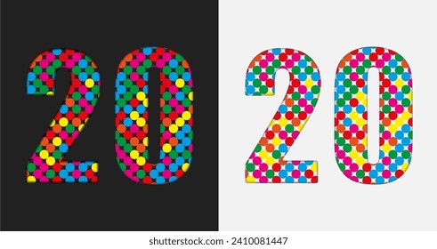 Vector bubble number - 20. Glitter figure shape of colored dots, points, circles. Sequin digit, numeral. Creative disco club bright sparkle. Multi color glitters, sparkles, paillettes numbers