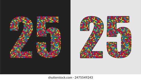 Vector bubble number - 25. Glitter figure shape of colored dots, points, circles. Sequin digit, numeral. Creative disco club bright sparkle. Multi color glitters, sparkles, paillettes numbers