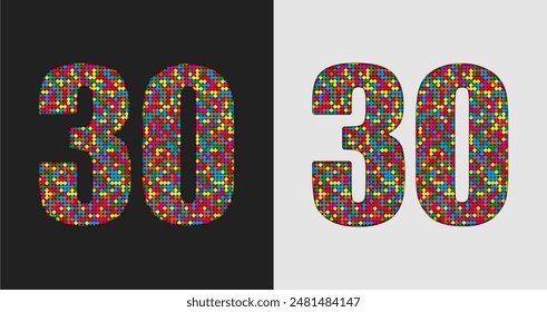 Vector bubble number - 30. Glitter figure shape of colored dots, points, circles. Sequin digit, numeral. Creative disco club bright sparkle. Multi color glitters, sparkles, paillettes numbers