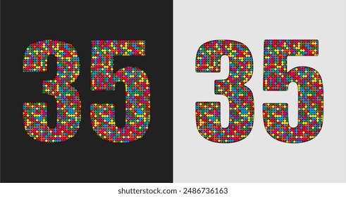 Vector bubble number - 35. Glitter figure shape of colored dots, points, circles. Sequin digit, numeral. Creative disco club bright sparkle. Multi color glitters, sparkles, paillettes numbers