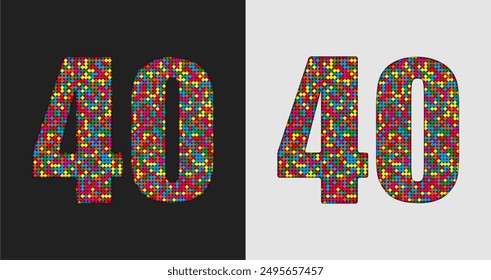 Vector bubble number - 40. Glitter figure shape of colored dots, points, circles. Sequin digit, numeral. Creative disco club bright sparkle. Multi color glitters, sparkles, paillettes numbers