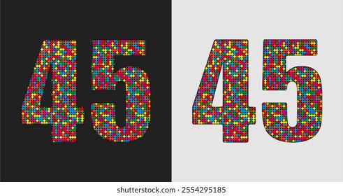 Vector bubble number - 45. Glitter figure shape of colored dots, points, circles. Sequin digit, numeral. Creative disco club bright sparkle. Multi color glitters, sparkles, paillettes numbers