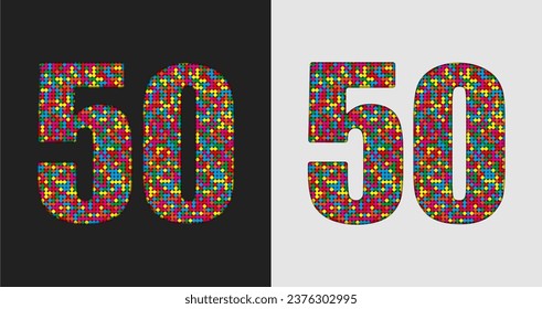 Vector bubble number - 50. Glitter figure shape of colored dots, points, circles. Sequin digit, numeral. Creative disco club bright sparkle. Multi color glitters, sparkles, paillettes numbers