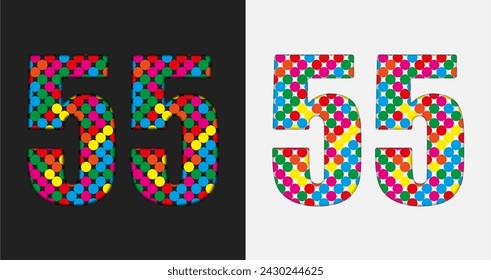 Vector bubble number - 55. Glitter figure shape of colored dots, points, circles. Sequin digit, numeral. Creative disco club bright sparkle. Multi color glitters, sparkles, paillettes numbers
