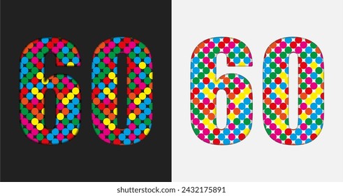 Vector bubble number - 60. Glitter figure shape of colored dots, points, circles. Sequin digit, numeral. Creative disco club bright sparkle. Multi color glitters, sparkles, paillettes numbers