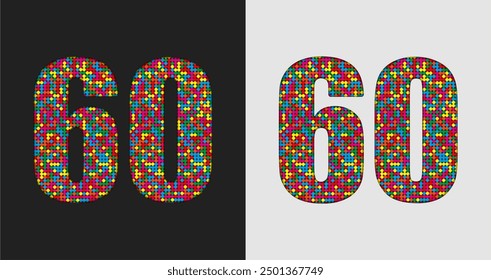 Vector bubble number - 60. Glitter figure shape of colored dots, points, circles. Sequin digit, numeral. Creative disco club bright sparkle. Multi color glitters, sparkles, paillettes numbers