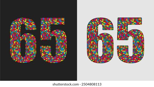 Vector bubble number - 65. Glitter figure shape of colored dots, points, circles. Sequin digit, numeral. Creative disco club bright sparkle. Multi color glitters, sparkles, paillettes numbers