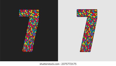 Vector bubble number - 7. Glitter figure shape of colored dots, points, circles. Sequin digit, numeral. Creative disco club bright sparkle. Multi color glitters, sparkles, paillettes numbers