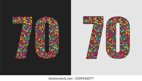 Vector bubble number - 70. Glitter figure shape of colored dots, points, circles. Sequin digit, numeral. Creative disco club bright sparkle. Multi color glitters, sparkles, paillettes numbers