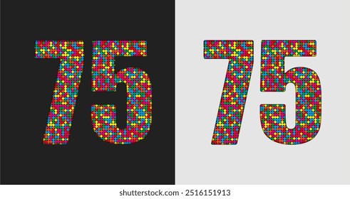 Vector bubble number - 75. Glitter figure shape of colored dots, points, circles. Sequin digit, numeral. Creative disco club bright sparkle. Multi color glitters, sparkles, paillettes numbers