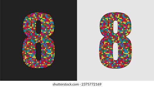 Vector bubble number - 8. Glitter figure shape of colored dots, points, circles. Sequin digit, numeral. Creative disco club bright sparkle. Multi color glitters, sparkles, paillettes numbers