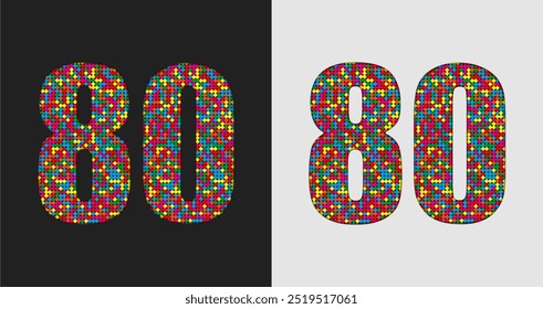 Vector bubble number - 80. Glitter figure shape of colored dots, points, circles. Sequin digit, numeral. Creative disco club bright sparkle. Multi color glitters, sparkles, paillettes numbers