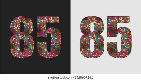 Vector bubble number - 85. Glitter figure shape of colored dots, points, circles. Sequin digit, numeral. Creative disco club bright sparkle. Multi color glitters, sparkles, paillettes numbers