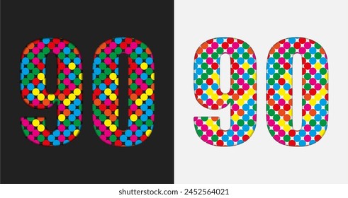 Vector bubble number - 90. Glitter figure shape of colored dots, points, circles. Sequin digit, numeral. Creative disco club bright sparkle. Multi color glitters, sparkles, paillettes numbers