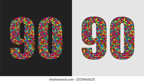 Vector bubble number - 90. Glitter figure shape of colored dots, points, circles. Sequin digit, numeral. Creative disco club bright sparkle. Multi color glitters, sparkles, paillettes numbers