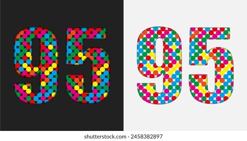 Vector bubble number - 95. Glitter figure shape of colored dots, points, circles. Sequin digit, numeral. Creative disco club bright sparkle. Multi color glitters, sparkles, paillettes numbers