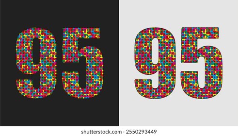 Vector burbuja número - 95. Forma de figura de brillo de puntos, puntos, círculos de colores. Dígito de lentejuelas, numeral. Creativo club de discoteca brillante brillo. Brillos multicolores, destellos, números de paillettes