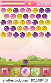 Vector bubble shooter game interface with background, score, stars, balls, icons, bonus flowers - mimosa, lilac and snowdrop