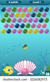 Vector bubble shooter user game interface with sea background, balls, shell, anchor, fish, points and level
