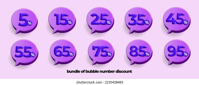 descuento por venta del discurso de burbuja vectorial 15%,25%,35%,45%,55%,65%,75%,85%,95% precio flashsale color púrpura y azul
