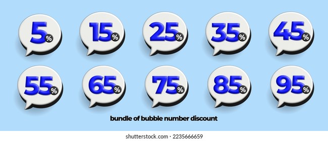 descuento por venta del discurso de burbuja vectorial 15%,25%,35%,45%,55%,65%,75%,85%,95% precio flashsale color blanco y azul